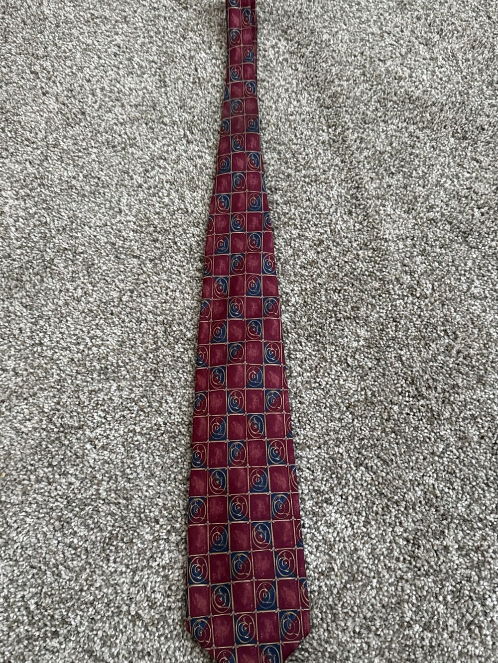 Graham & Lockwood London Silk Necktie Burgundy Blue Gold Geometric Swirl Pattern